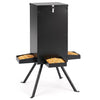 90LB gravity deer feeder in black with four feeding trays and a stable 4-leg stand for outdoor use.