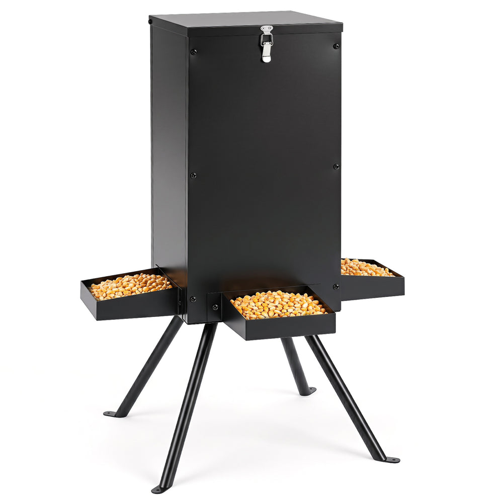 90LB gravity deer feeder in black with four feeding trays and a stable 4-leg stand for outdoor use.