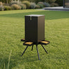 90LB black gravity deer feeder with four feeding trays and a stable 4-leg stand for outdoor use and easy access.