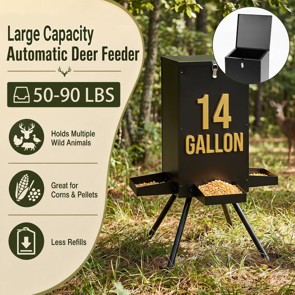 Large capacity 90LB gravity deer feeder in black with four feeding trays for multiple wild animals and weatherproof design.