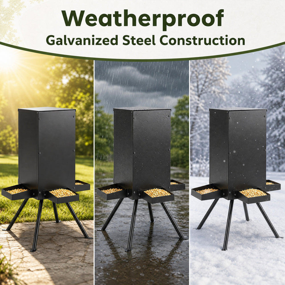 90LB gravity deer feeder with weatherproof galvanized steel, featuring four feeding trays and a stable 4-leg stand for outdoor use.