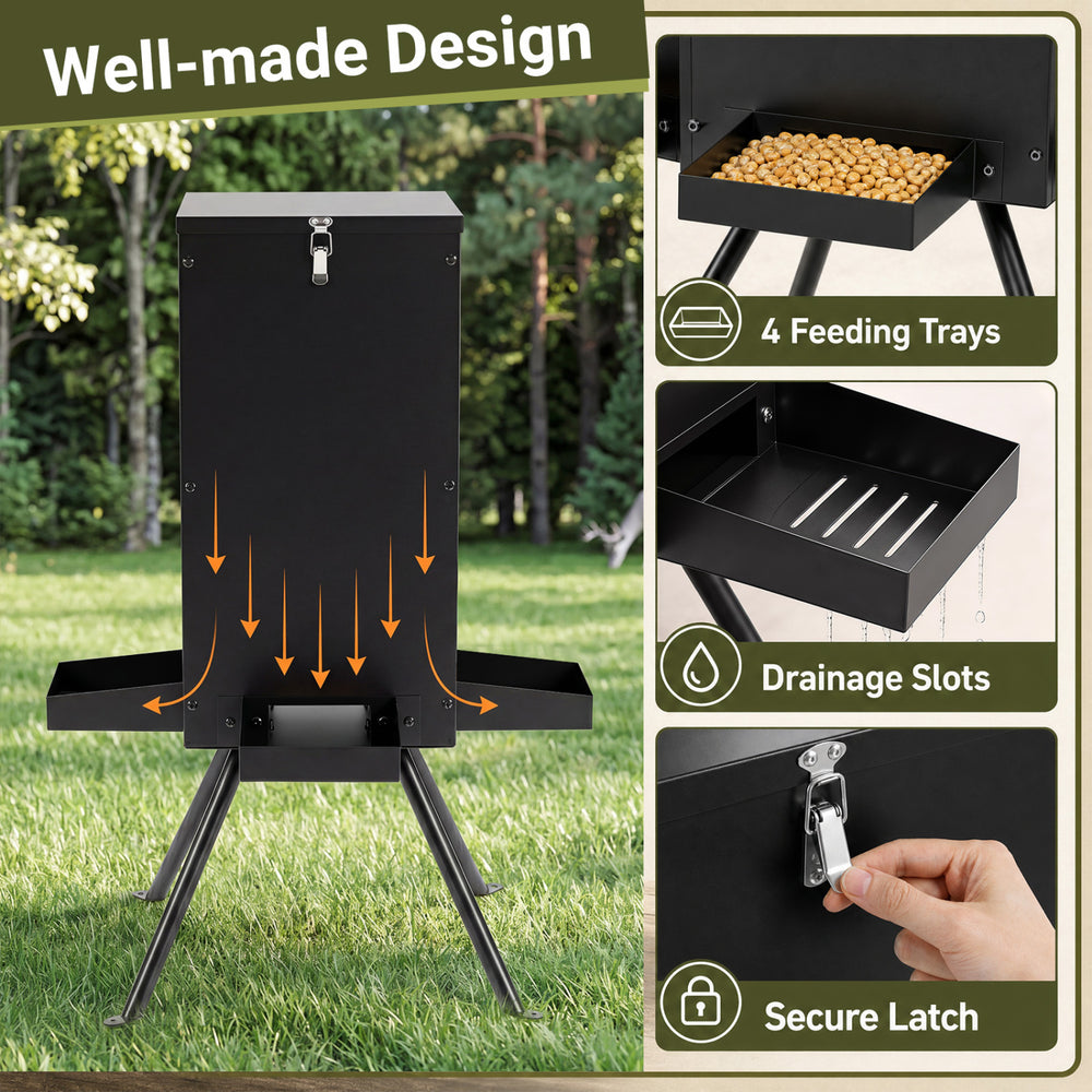 90LB gravity deer feeder with four feeding trays, weatherproof steel construction, and secure latch for outdoor use.
