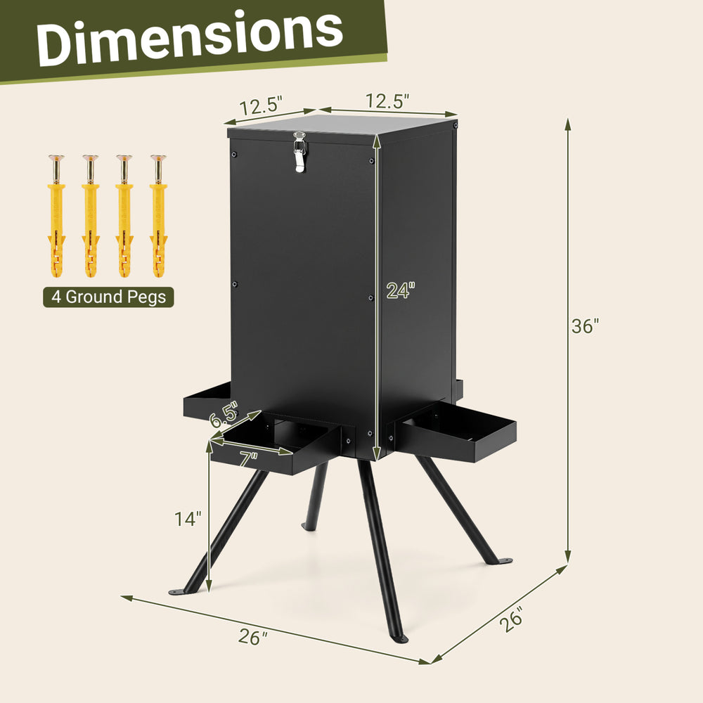 90LB gravity deer feeder with four feeding trays and a stable 4-leg stand, designed for outdoor use and weather resistance.