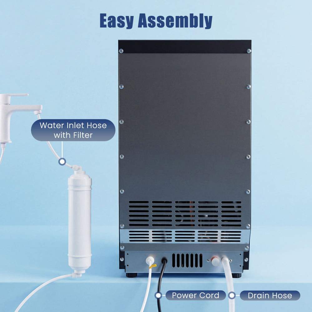 Water inlet hose with filter and power cord on the back of the 90 LBS/24H commercial nugget ice maker for easy assembly.