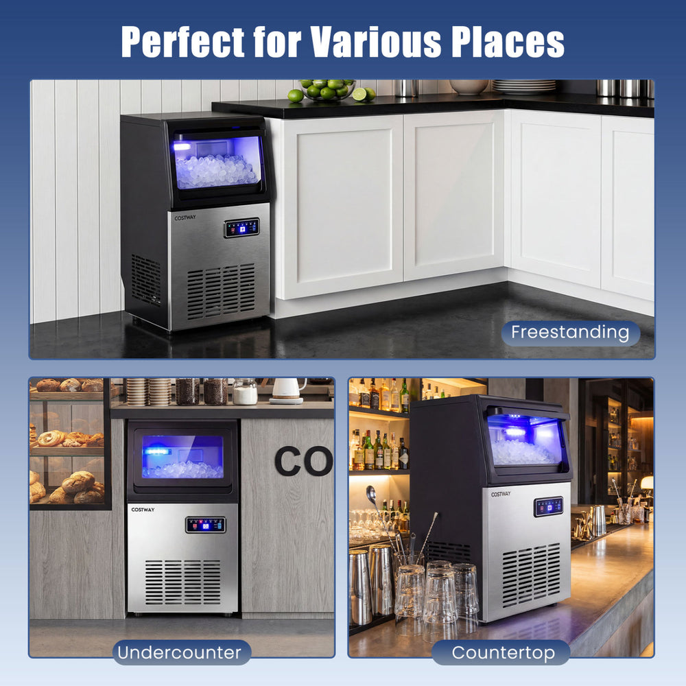 Freestanding 90 lbs/24H commercial nugget ice maker with stainless steel housing, ideal for kitchens, bars, and coffee.