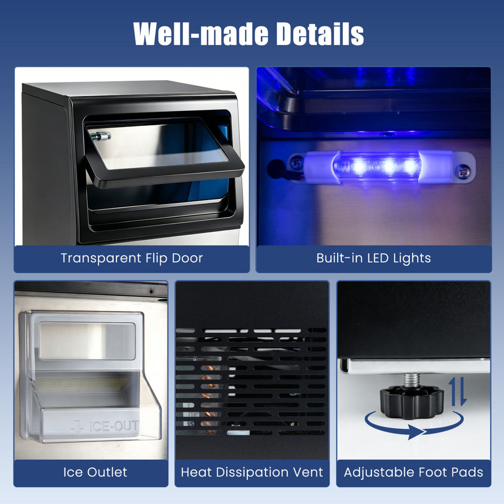 Transparent flip door and built-in LED lights of the 90 LBS/24H commercial nugget ice maker for easy access and.