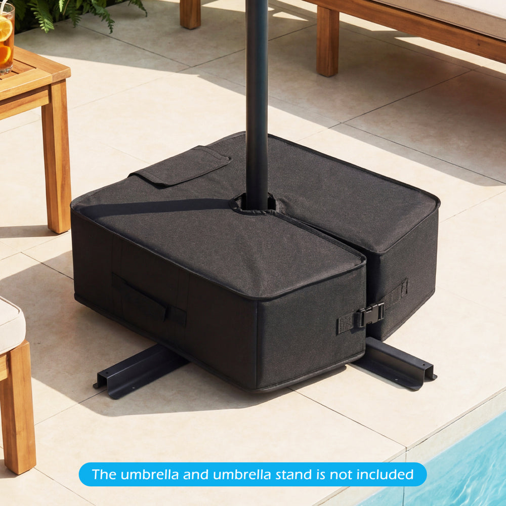 Sand-fillable umbrella base weight in black, made of 900D oxford cloth, designed for stability and easy relocation.