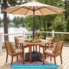 Black 90 lbs sand-fillable umbrella base with adjustable strap, designed for stability and easy relocation.