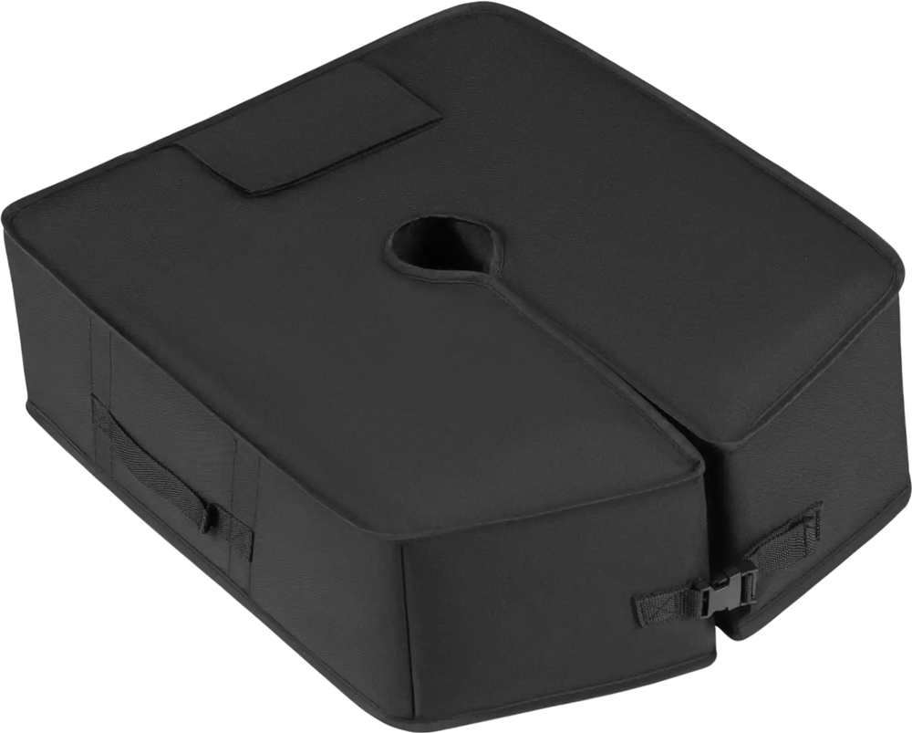 Black sand-fillable umbrella base weight with waterproof coating, designed for stability and easy transport.