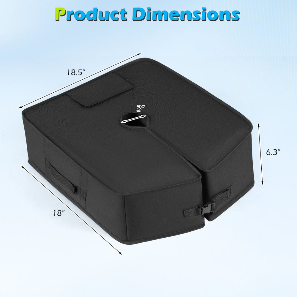 Black sand-fillable umbrella base weight dimensions, featuring a large opening and adjustable fixing strap for.
