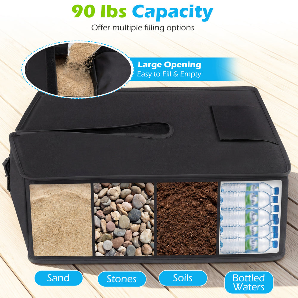 Sand-fillable umbrella base weight in black, featuring a large opening for easy filling and 90 lbs capacity for.