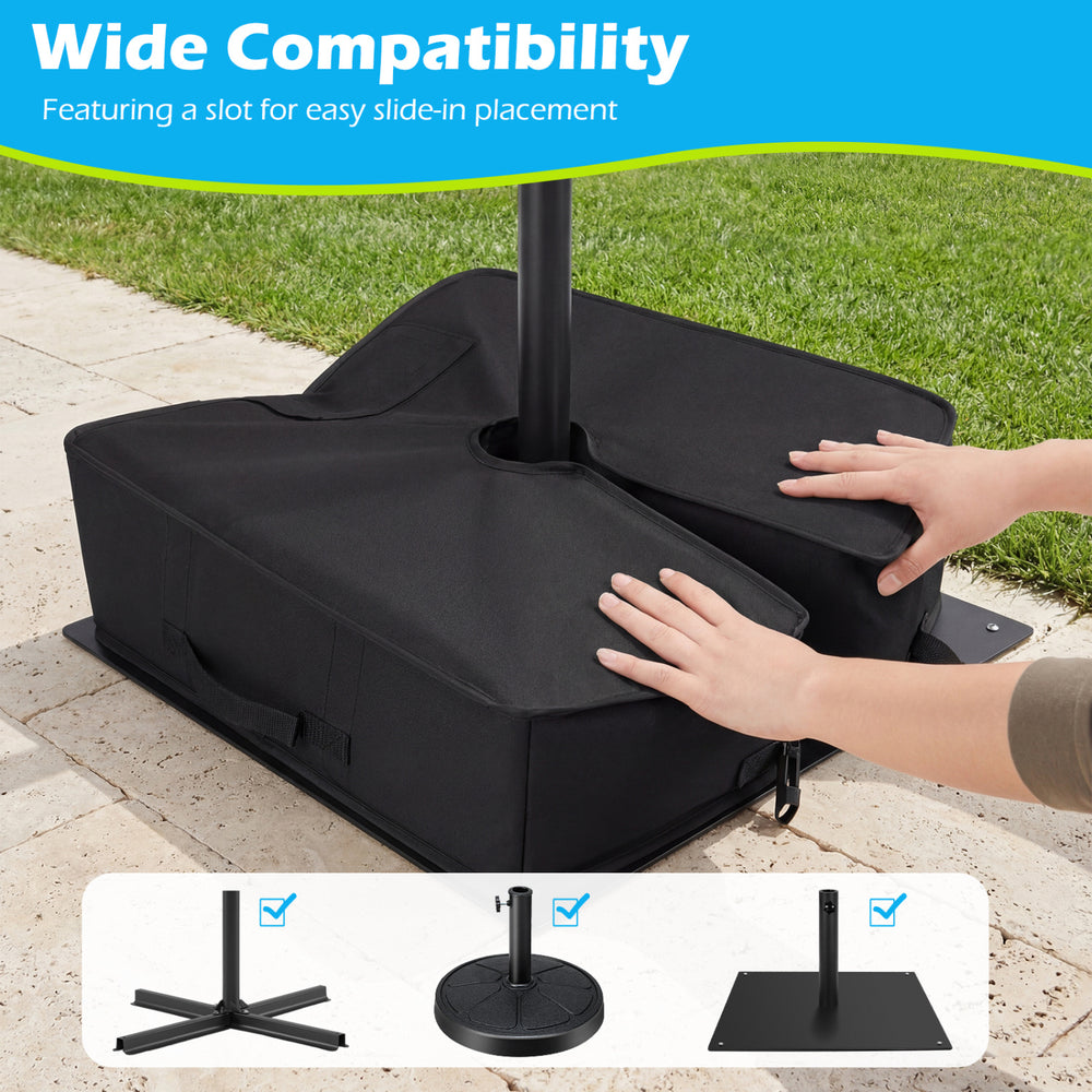 Sand-fillable umbrella base weight in black, featuring a large opening for filling and easy slide-in placement for.
