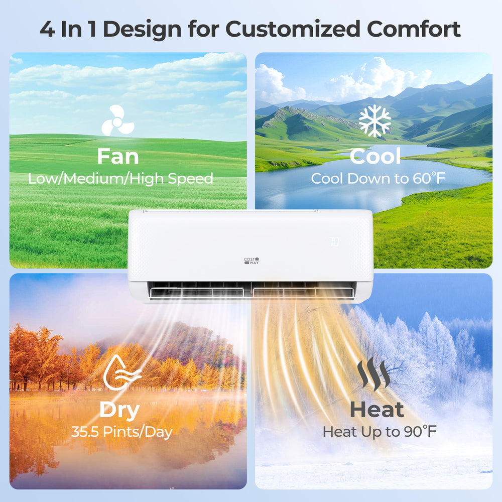 Airtural Series 9100 BTU mini split AC showing 4-in-1 design features: cool, heat, dry, and fan for customized comfort.