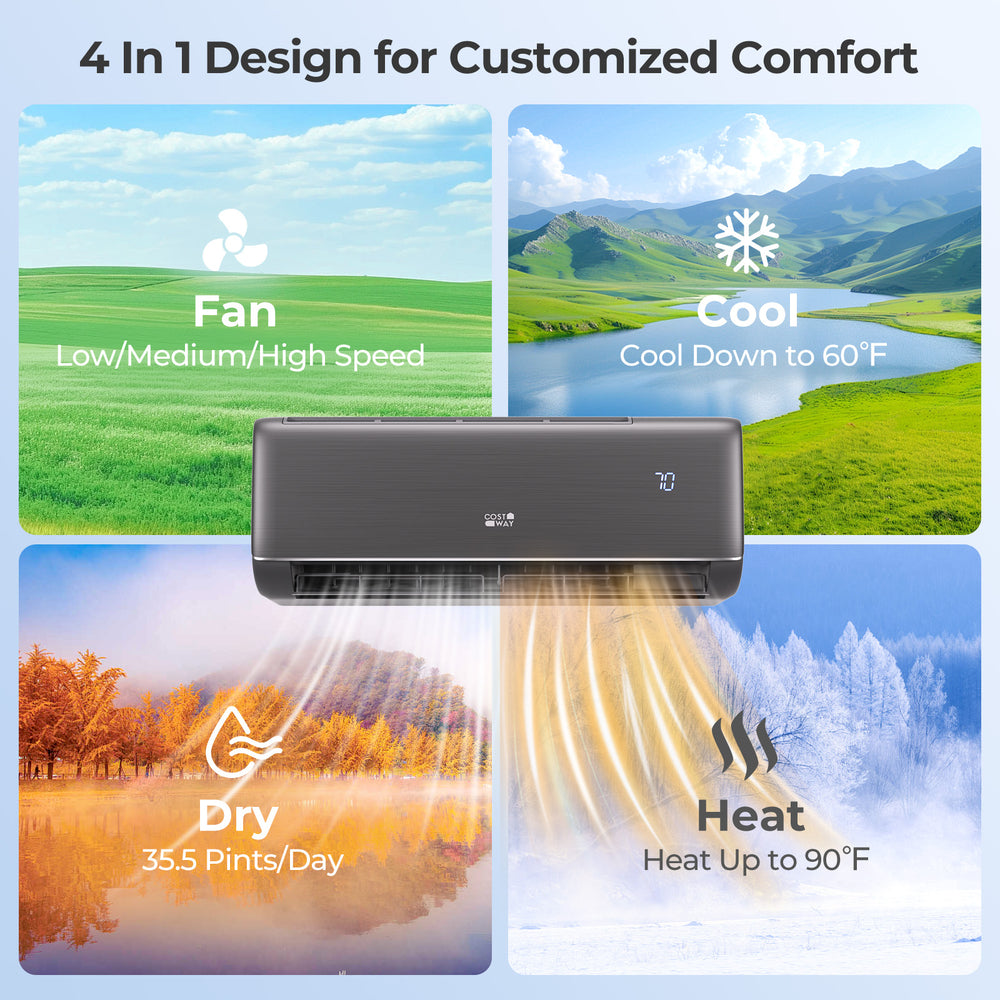 GreyVolt 9100 BTU mini split AC with 4-in-1 design, offering cooling, heating, drying, and fan functions for large.