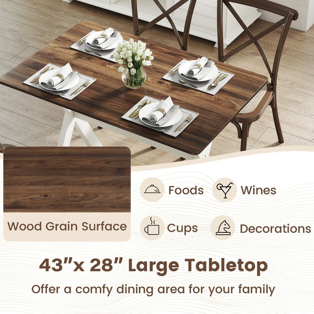 Large wooden dining table with elegant wood grain surface, X-shaped frame, perfect for family meals and gatherings.