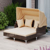 Outdoor daybed with retractable canopy in brown PE wicker rattan, featuring cushions for patio or garden relaxation.