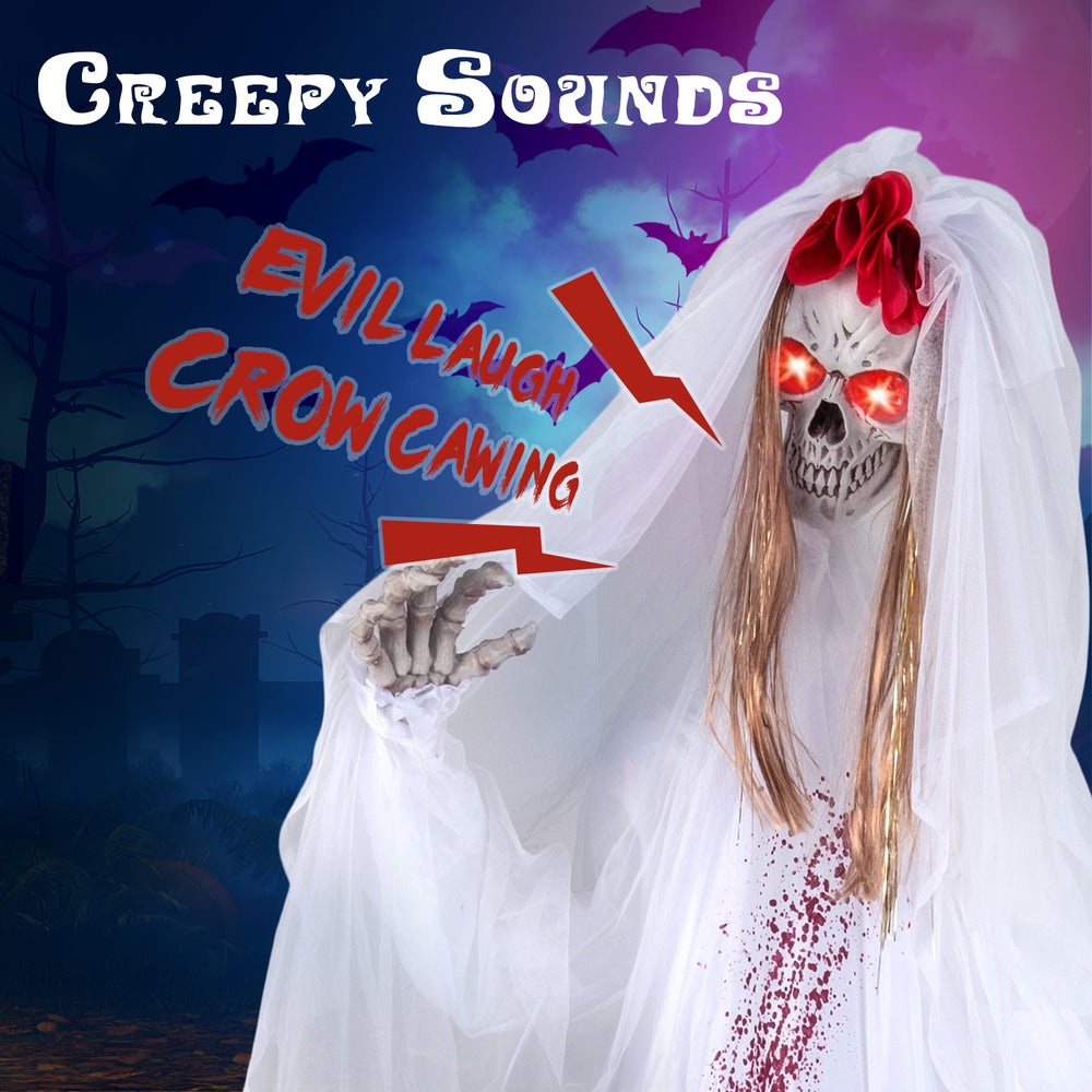 Creepy 7.2 FT Halloween animatronic bride with moving head, red flashing eyes, and spooky sounds for haunted house.