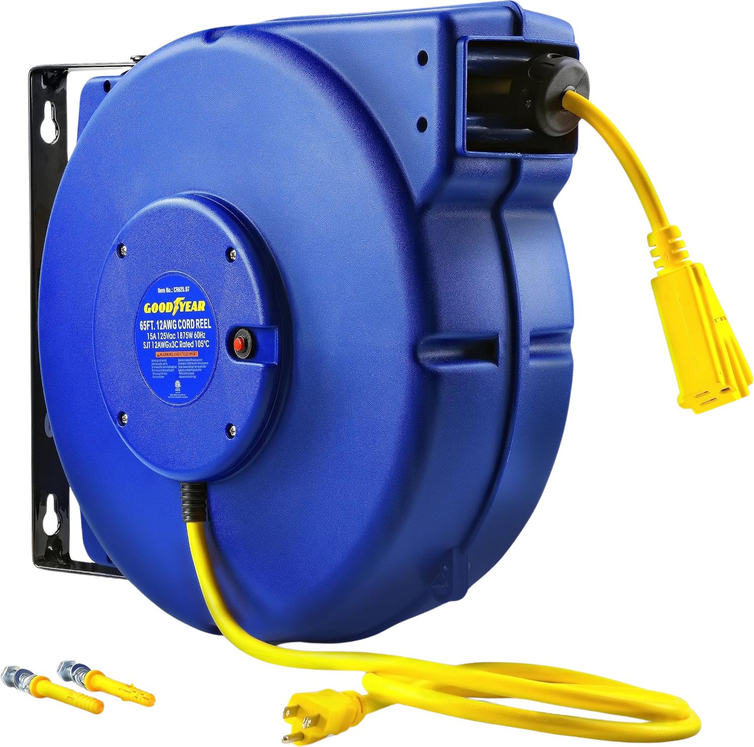 Goodyear GUR077 Extension Cord Reel 12AWG 65' 15A 1875W Mountable Retractable New