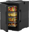 91 Qt insulated food pan carrier in black with 12 shelf slots, ideal for keeping meals fresh during outdoor activities.