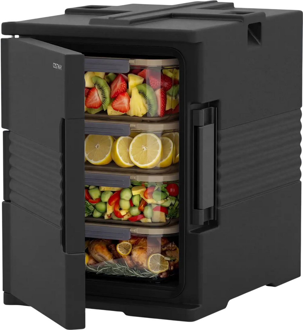 91 Qt insulated food pan carrier in black with 12 shelf slots, ideal for keeping meals fresh during outdoor activities.