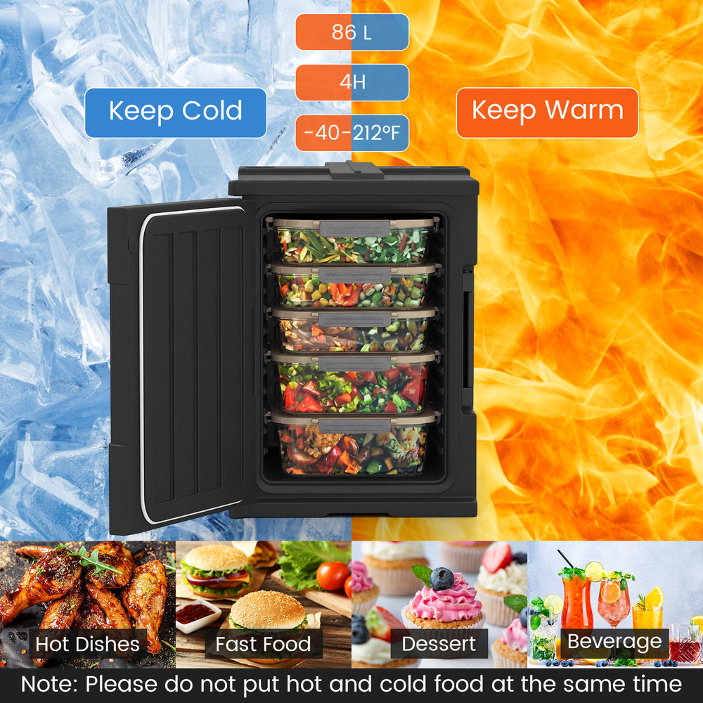 91 Qt insulated food pan carrier in black with multi-layer structure, ideal for keeping food cold or warm for outdoor.