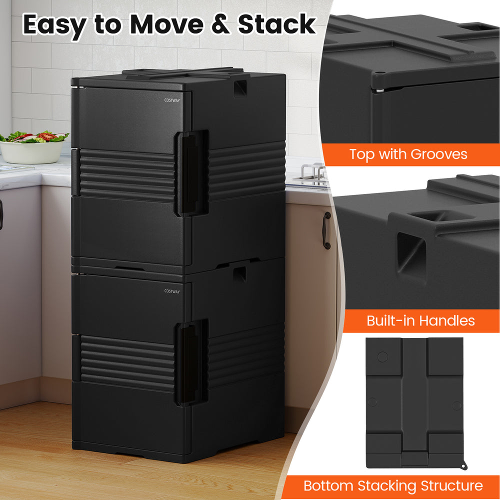 91 Qt insulated food pan carrier in black, featuring built-in handles and a bottom stacking structure for easy.