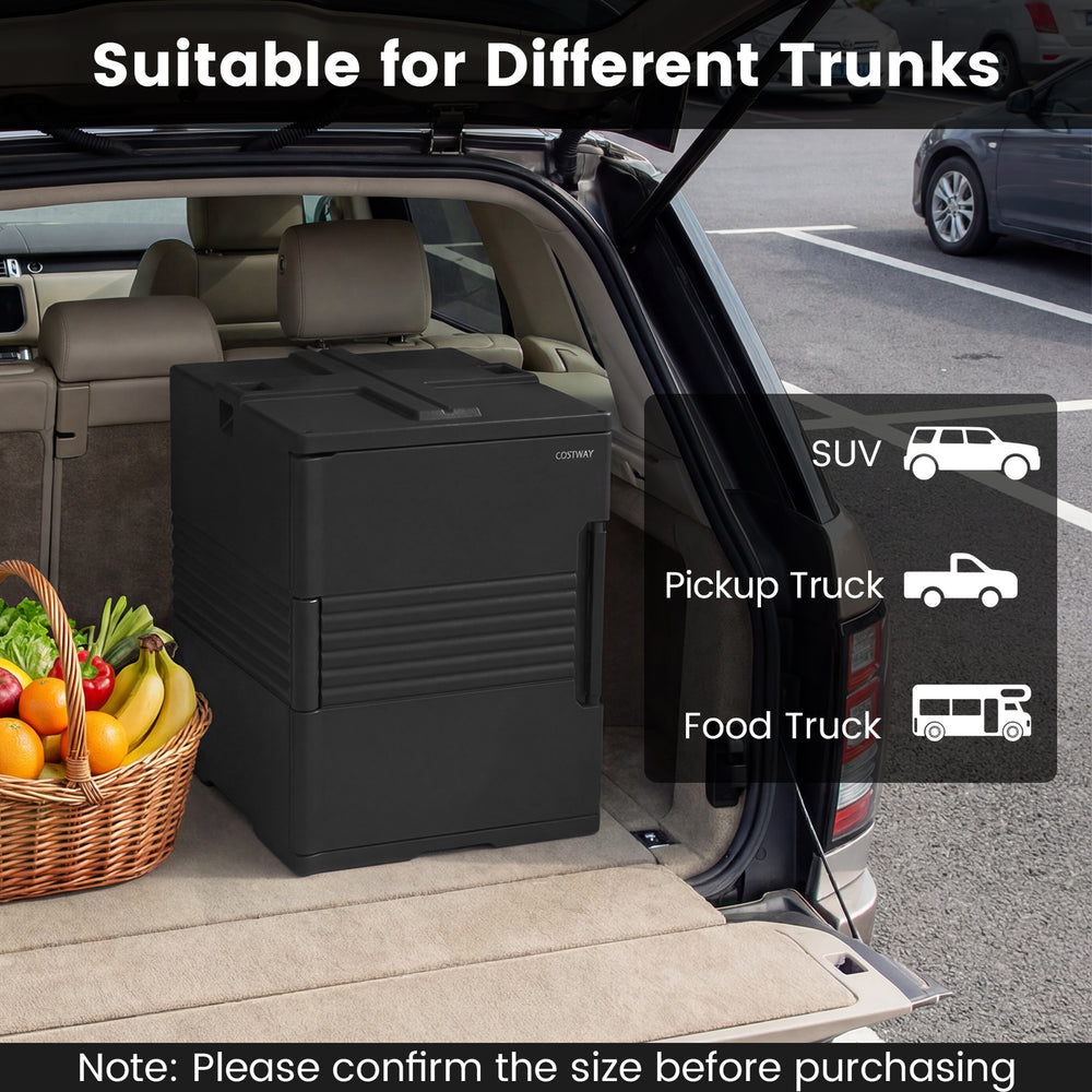91 Qt insulated food pan carrier in black, designed for SUVs and trucks, ideal for outdoor parties and camping.