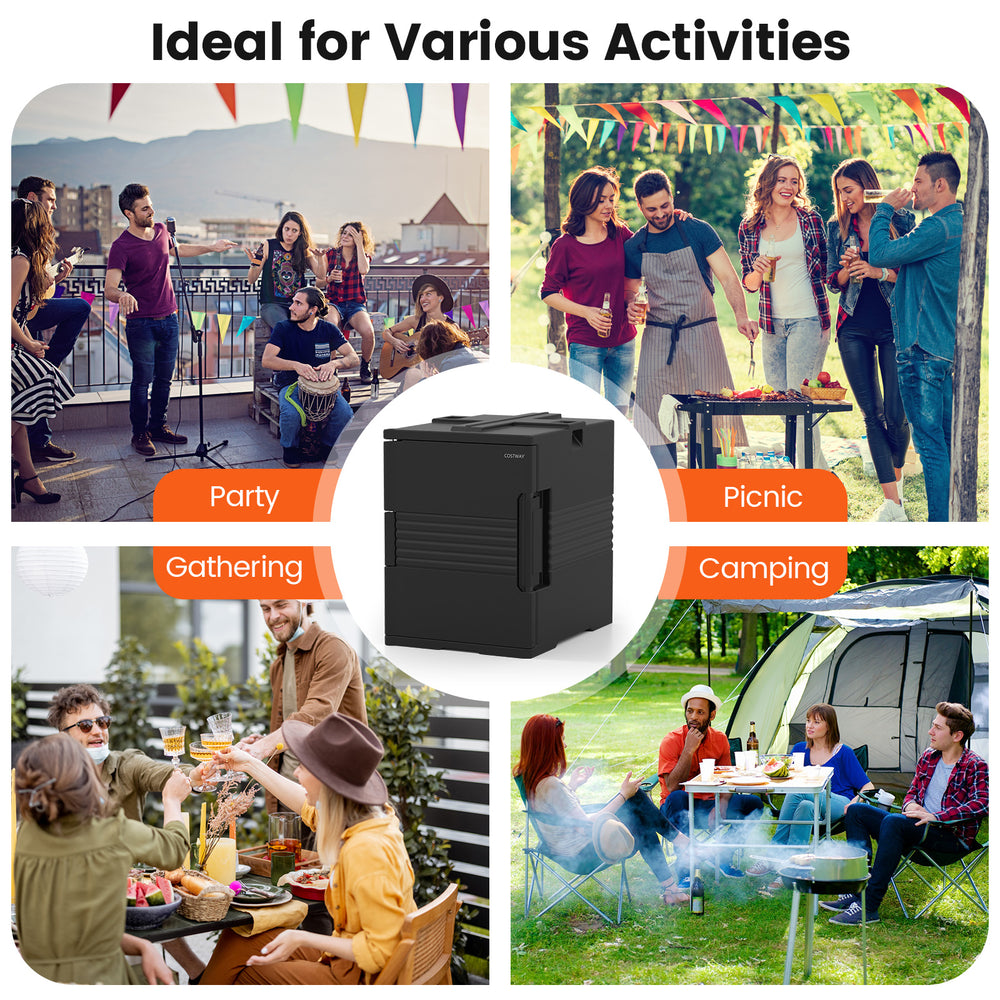 91 Qt insulated food pan carrier in black, ideal for parties, picnics, and camping with customizable shelf slots.