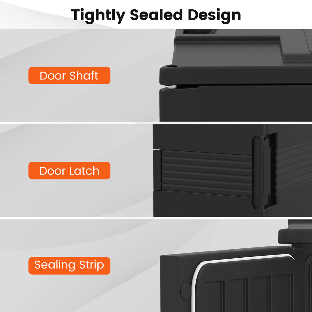 Close-up of the door latch and sealing strip of the 91 Qt insulated food pan carrier, designed to keep food fresh.