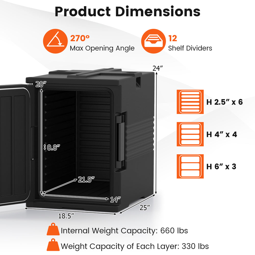 91 Qt insulated food pan carrier in black with 12 shelf dividers, ideal for keeping meals fresh during outdoor.