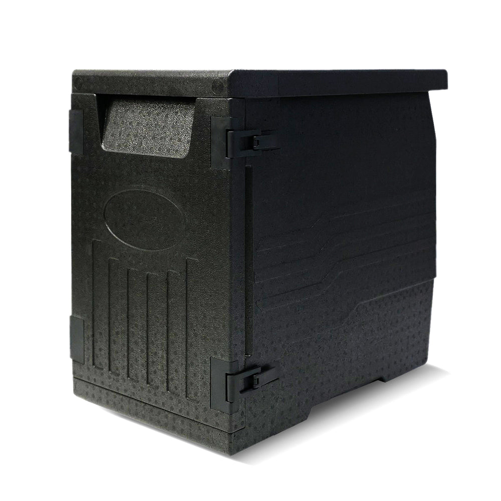 Insulated food pan carrier with safety buckles, 91 Qt capacity, designed for buffets and outdoor events.