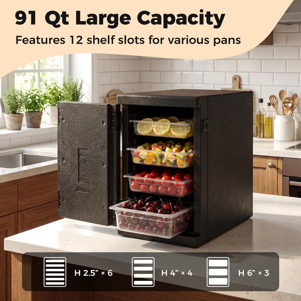 91 Qt insulated food pan carrier with 12 shelf slots, featuring safety buckles for secure transport and storage.