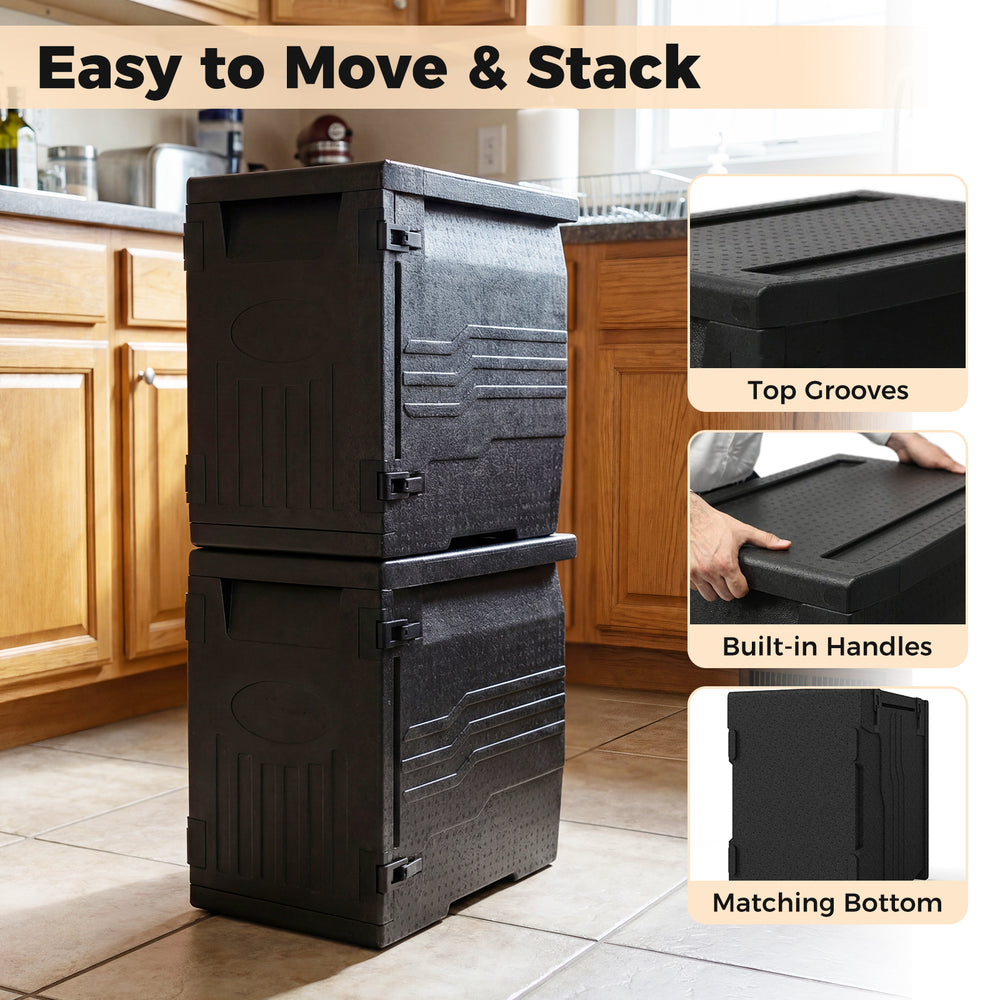 Stackable 91 Qt insulated food pan carrier with built-in handles and safety buckles, ideal for catering and outdoor.