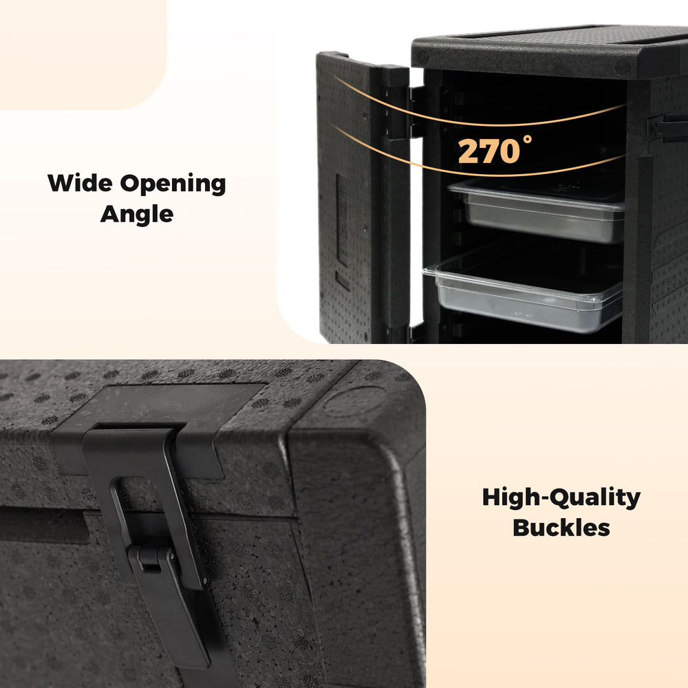 Insulated food pan carrier with 270° wide opening angle and high-quality buckles for secure storage and transport.