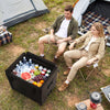 Insulated 91 Qt food pan carrier with safety buckles, shown with drinks and fruits, ideal for outdoor activities.
