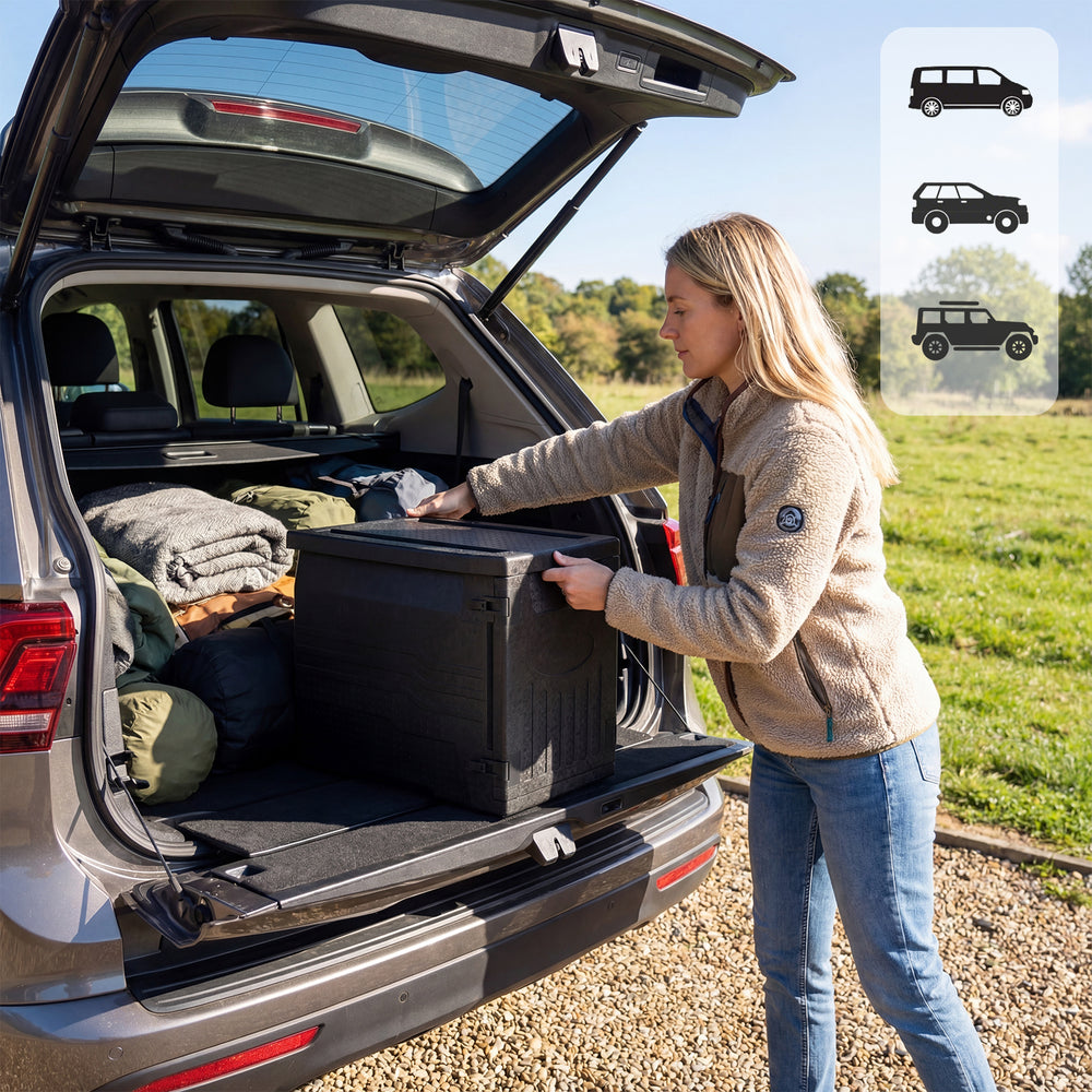 Insulated food pan carrier with safety buckles, 91 Qt capacity, ideal for outdoor events and customizable storage.