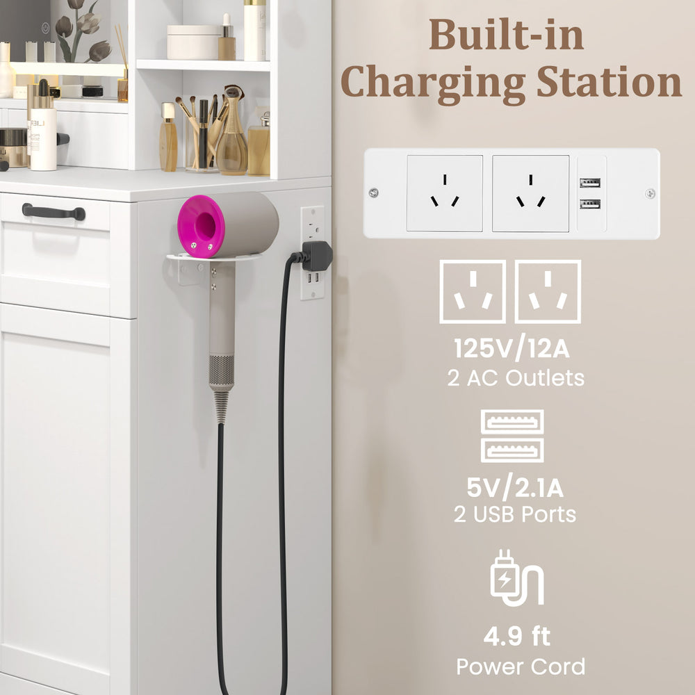 Vanity set with mirror featuring 3 lighting modes, built-in charging station, and hair dryer holder for organized.