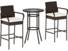 Bar height table and two chairs with white seat cushions, made of PE wicker, ideal for porch or poolside relaxation.