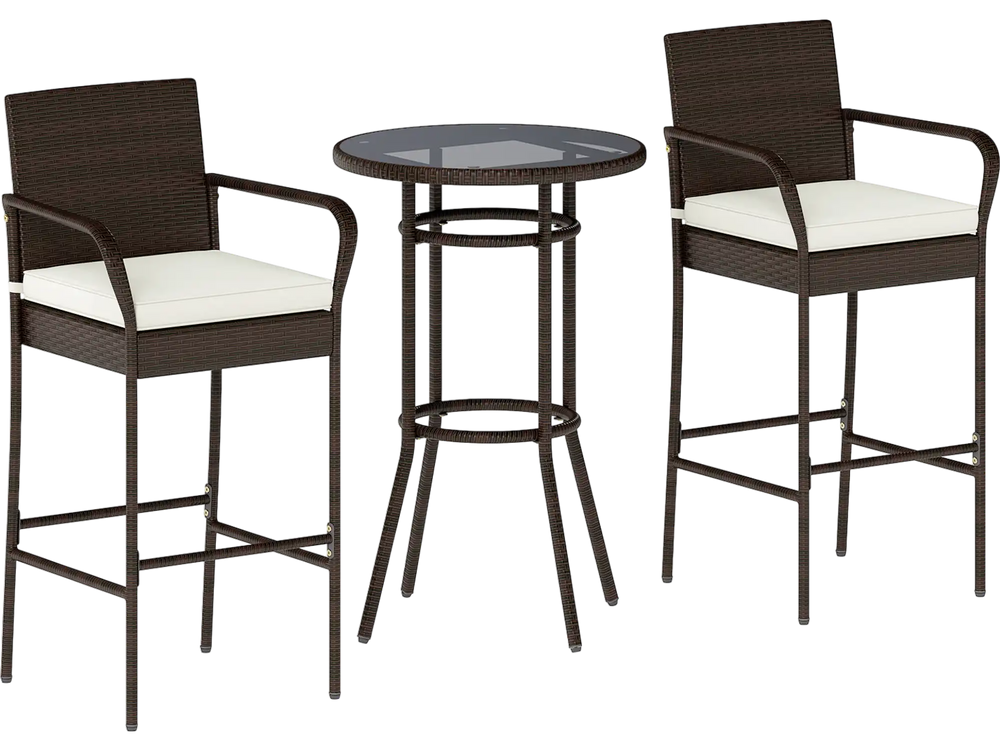 Bar height table and two chairs with white seat cushions, made of PE wicker, ideal for porch or poolside relaxation.