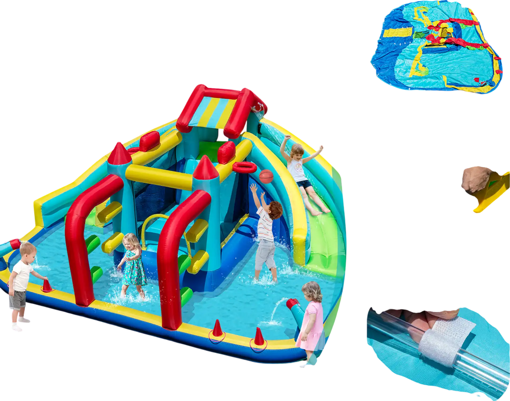 Inflatable Double Water Slide Park with obstacle course, featuring dual slides, water cannons, and 680W blower for.