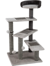 Tall gray cat tree with cozy perch, sisal scratching posts, and three platforms for climbing and lounging.
