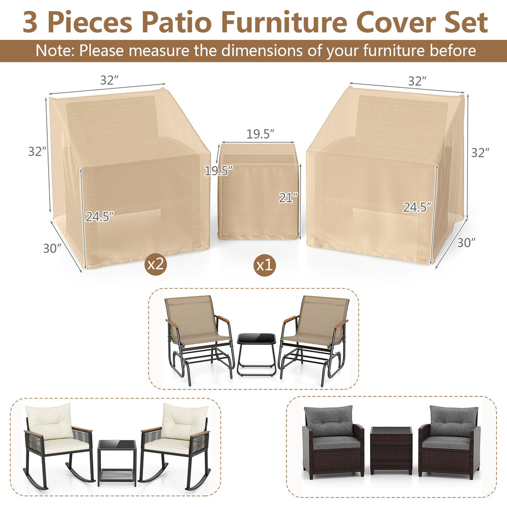 Beige waterproof patio furniture covers for 3-piece bistro set, featuring elastic hem for a secure fit and reinforced.