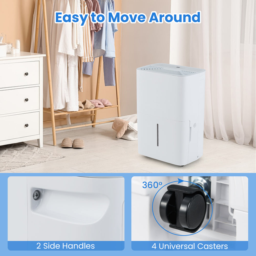 94.5 pints dehumidifier with LED display, featuring 4 universal casters for easy mobility and 2 side handles.