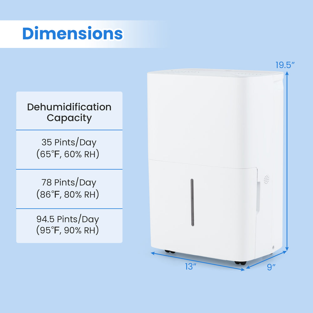 Dimensions of the 94.5 Pints Dehumidifier with LED display, showing 35-94.5 pints/day capacity for customized humidity.
