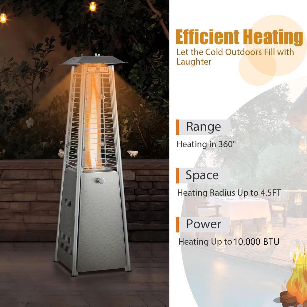 Compact stainless steel tabletop patio heater with glass tube, 10,000 BTU, designed for efficient 360° outdoor heating.