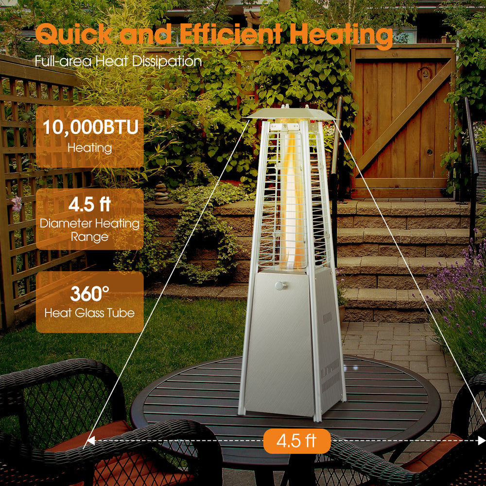 Portable stainless steel tabletop patio heater with 10,000 BTU output and 360° glass tube heating for outdoor.