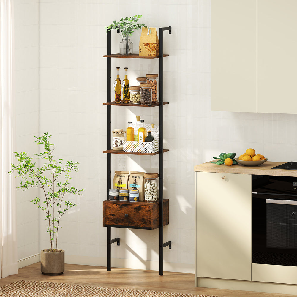 5-tier ladder bookcase in rustic brown with metal frame, featuring shelves and a pull-out drawer for versatile storage.