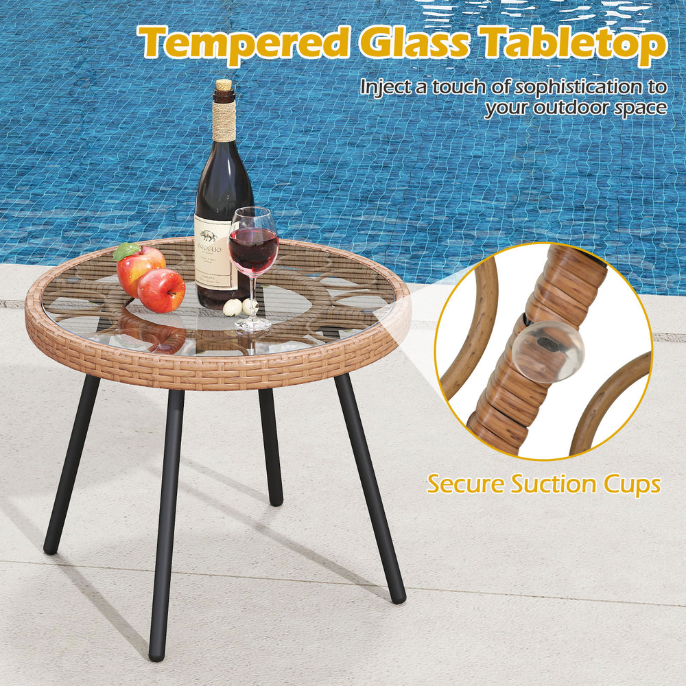 Tempered glass tabletop with secure suction cups on a 3-piece patio bistro set, perfect for outdoor elegance.