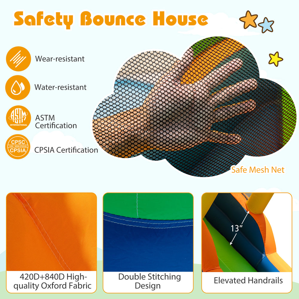 Close-up of the safety mesh net on the 8-in-1 inflatable bounce house, featuring tear-resistant Oxford fabric and.