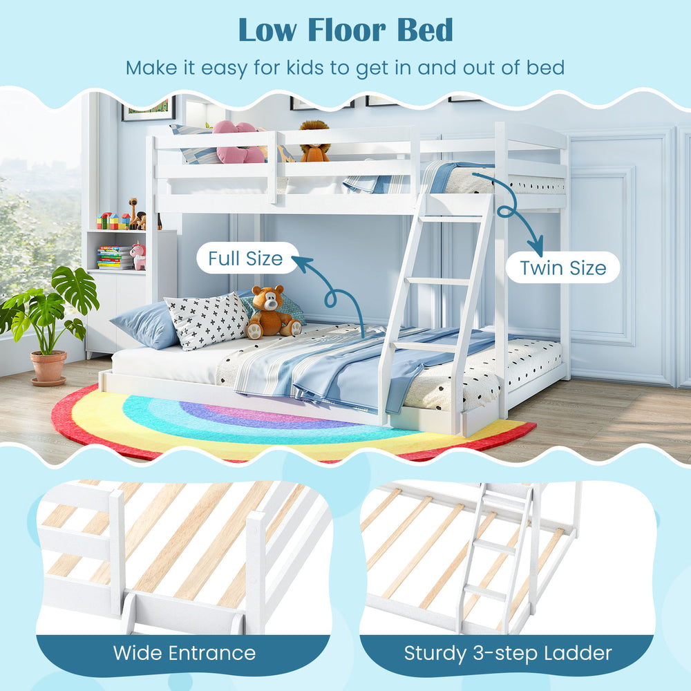 Twin over full low floor bunk bed frame in white with sturdy 3-step ladder and wide entrance for easy access.